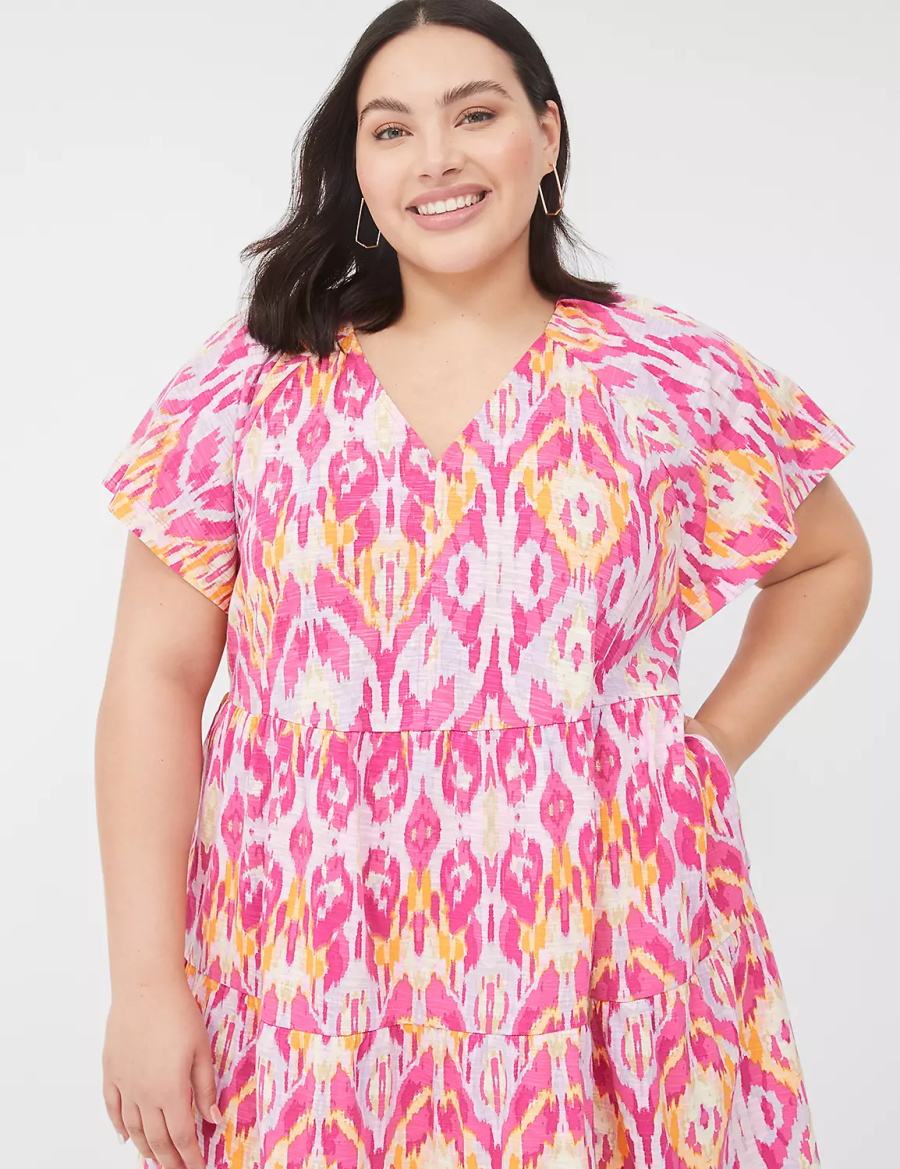 Lane Bryant V-Neck Tiered Easy Women Short Dress Pink | HZW3860AL