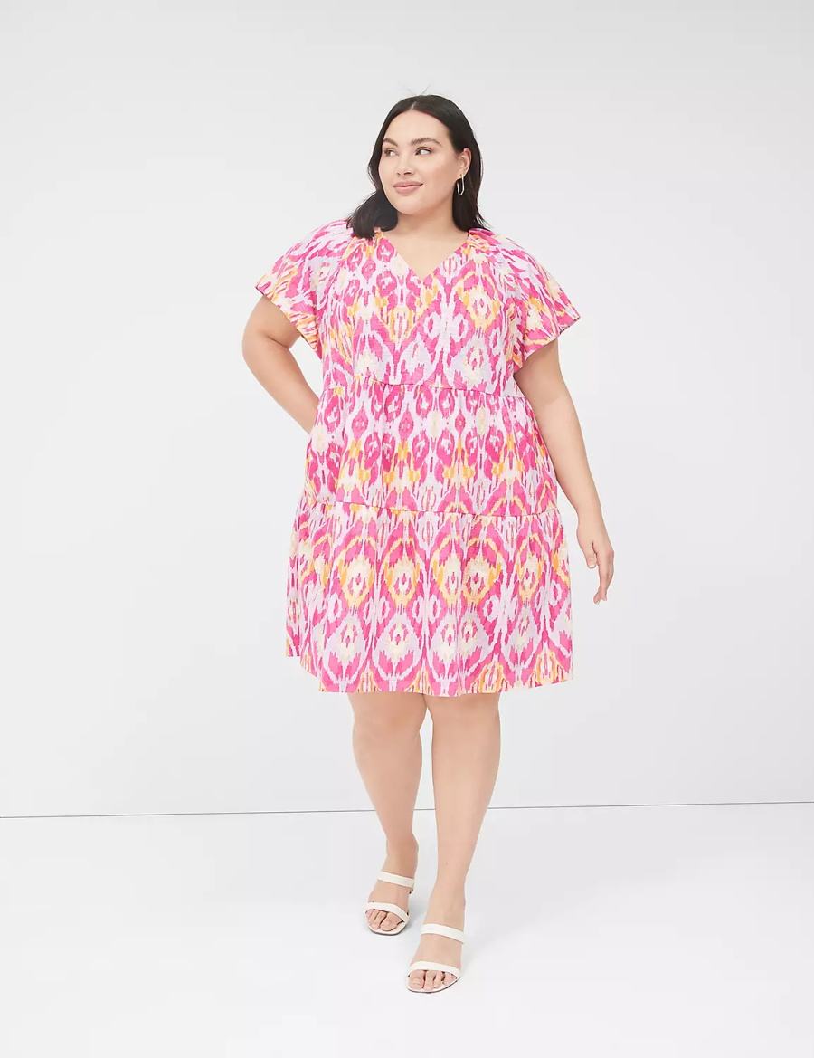 Lane Bryant V-Neck Tiered Easy Women Short Dress Pink | HZW3860AL