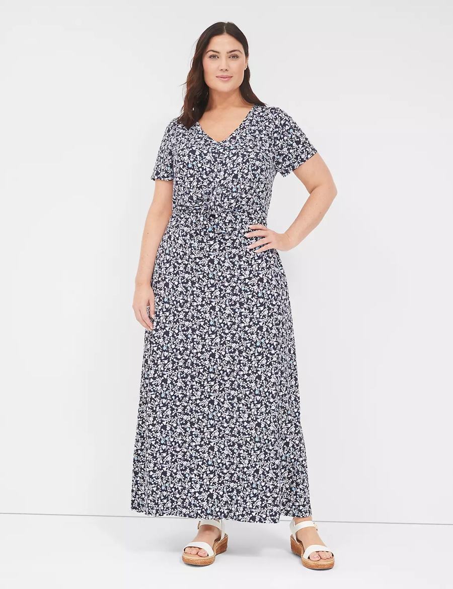 Lane Bryant V-Neck Waist-Knot Jersey Women Maxi Dress Blue Purple | XPT607EA