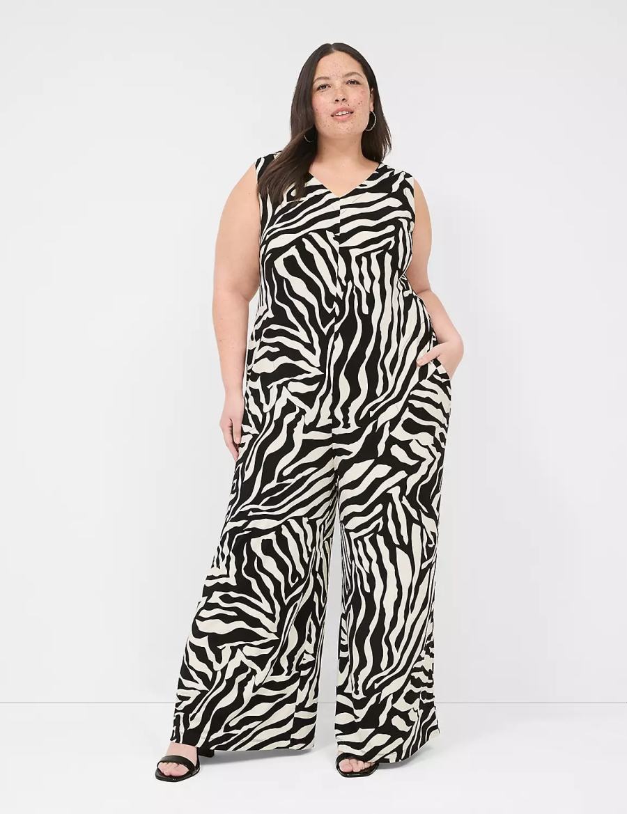 Lane Bryant V-Neck Wide Leg Jersey Women Jumpsuit White Black | FMG7637YB