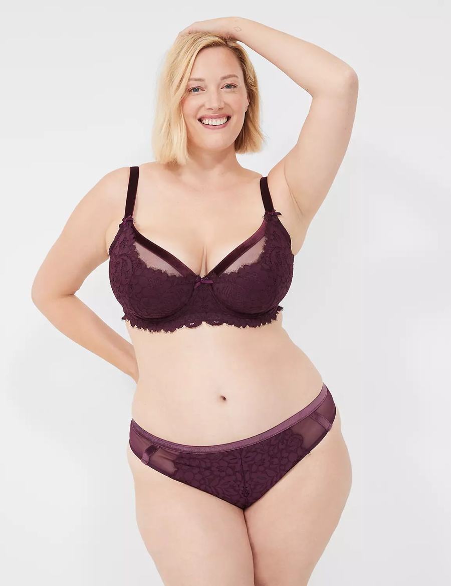 Lane Bryant Velvet-Trim Women Thong Panty Burgundy | TJU4367DQ