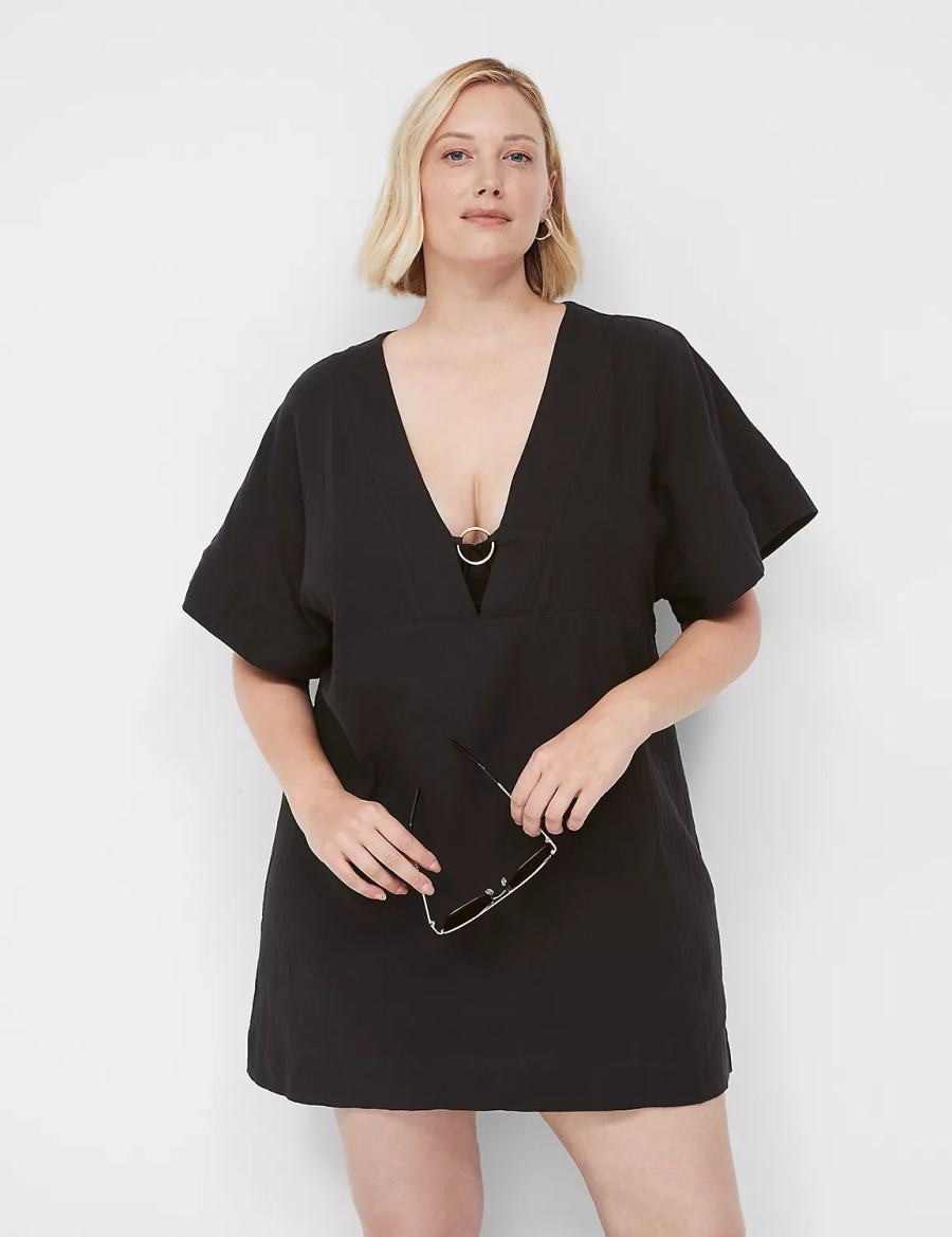 Lane Bryant Woven O-Ring Dolman Women Cover Ups Black | AYD5625FA