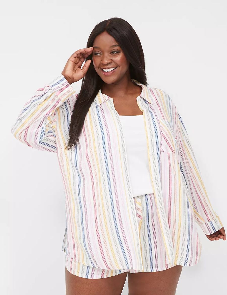 Lane Bryant Woven Print Mix Sleep Women Shirts White Multicolor Stripes | MPX9264WP