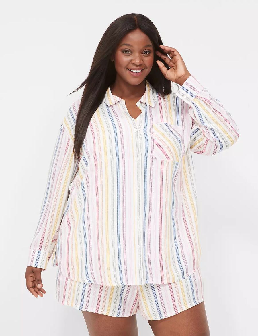 Lane Bryant Woven Print Mix Sleep Women Shirts White Multicolor Stripes | MPX9264WP