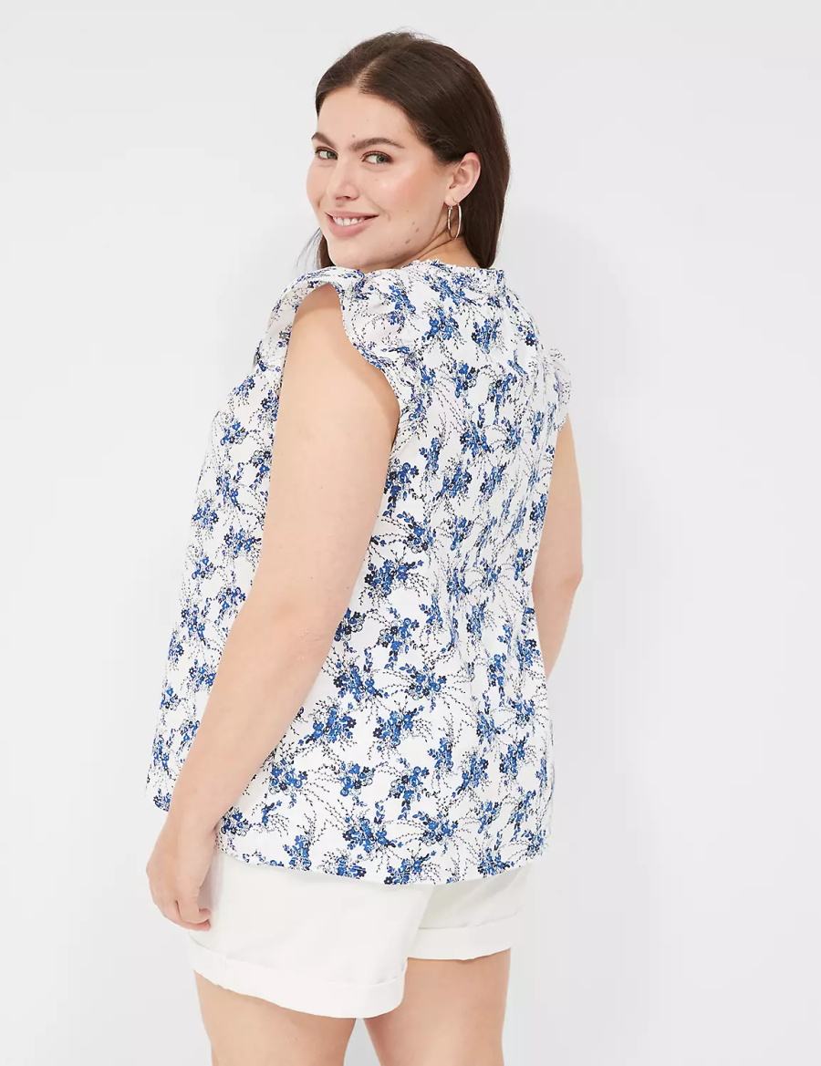 Lane Bryant Woven & Knit Cap Flutter-Sleeve Top Women Blouse Blue White | OWA5847DU