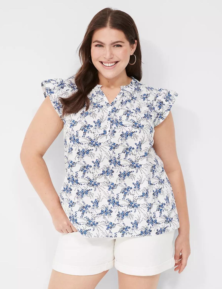 Lane Bryant Woven & Knit Cap Flutter-Sleeve Top Women Blouse Blue White | OWA5847DU